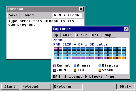 Captured Micro desktop on FRDM-MCXN947, showing Notepad and Explorer's RAM allocation map.